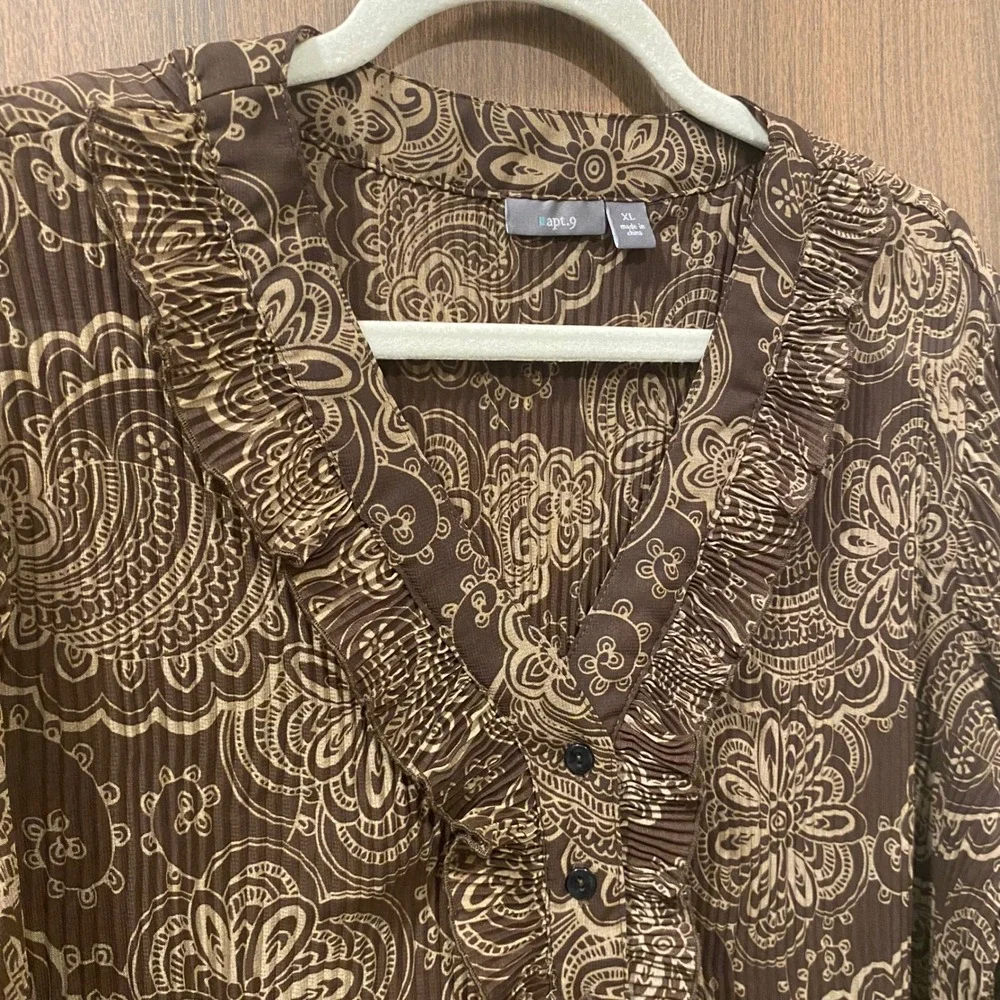 APT.9 Brown Floral Sheer Crinkle Blouse XL Ruffle Forest Fairy Grunge Goblincore - Picture 4 of 11